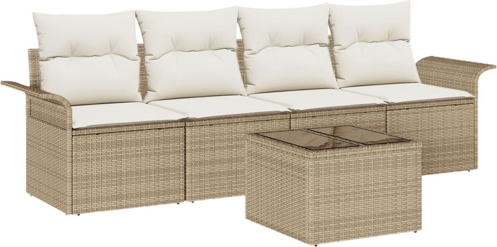 Möbel 5-teilige Garten Sofa Garnitur mit Kissen Beige Poly Rattan, 2-Sitzer Garten Sofa mit Stauraum & Kissen Beige Poly Rattan - Gartensofas 3353900