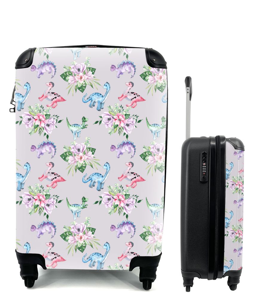 MuchoWow Koffer Handgepäck Trolley Rollkoffer Kleine Reisekoffer mit 4 Rollen - Blumen - Muster - Mädchen - Kinder - Rosa - Kind - Cabin Size <...
