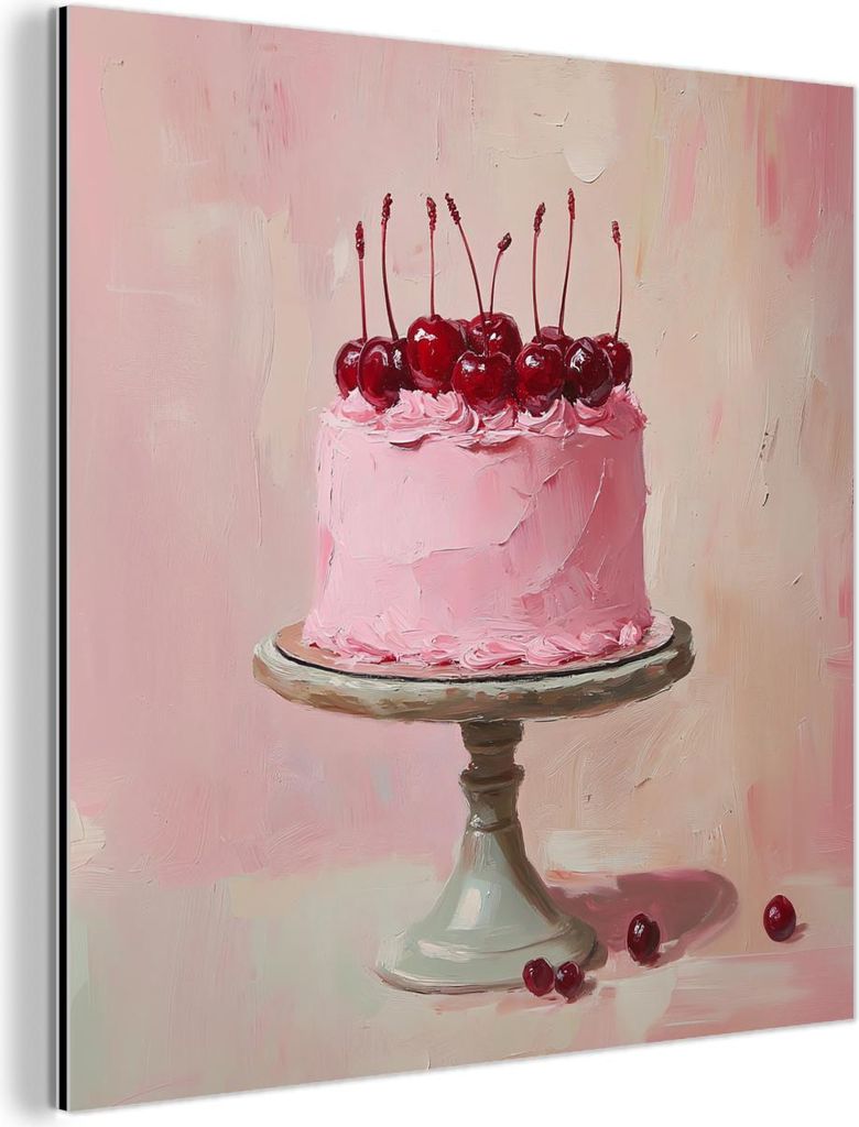 MuchoWow Wanddekoration Metall Metallbild Wandkunst 20x20 cm Torte - Rosa - Kirsche MuchoWow Aluminium Gemälde - Alu Dibond Bilder