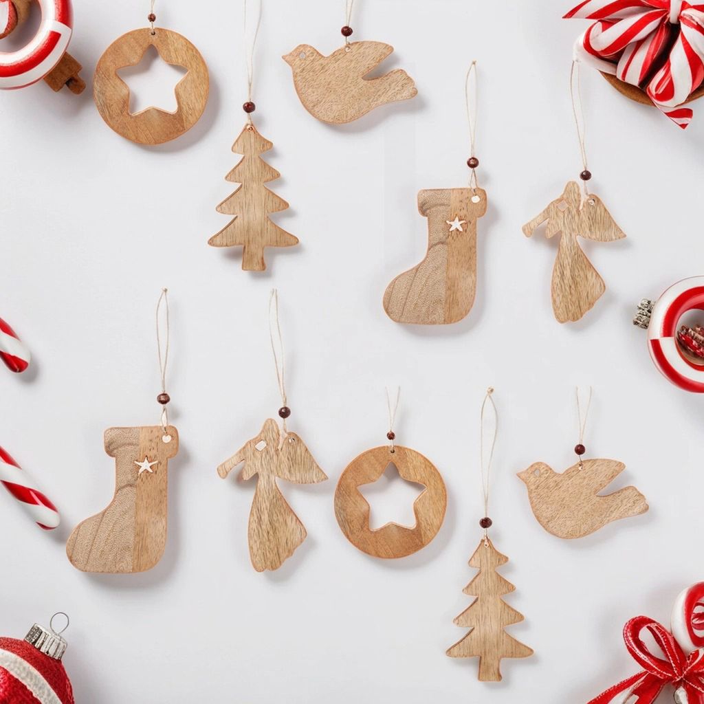 MARRAKESCH 10er Set Weihnachtsdeko Christbaumschmuck 10cm Anhänger aus echt Holz als Weihnachtsbaum Dekoration