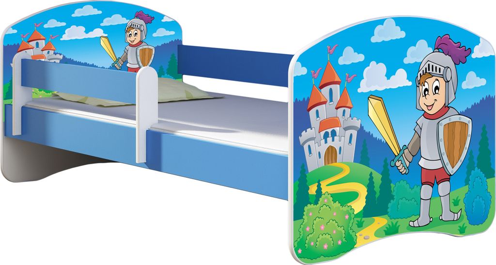 ACMA Jugendbett Kinderbett Junior-Bett Komplett-Set mit Matratze Lattenrost und Rausfallschutz Blau 32 Ritter 160x80