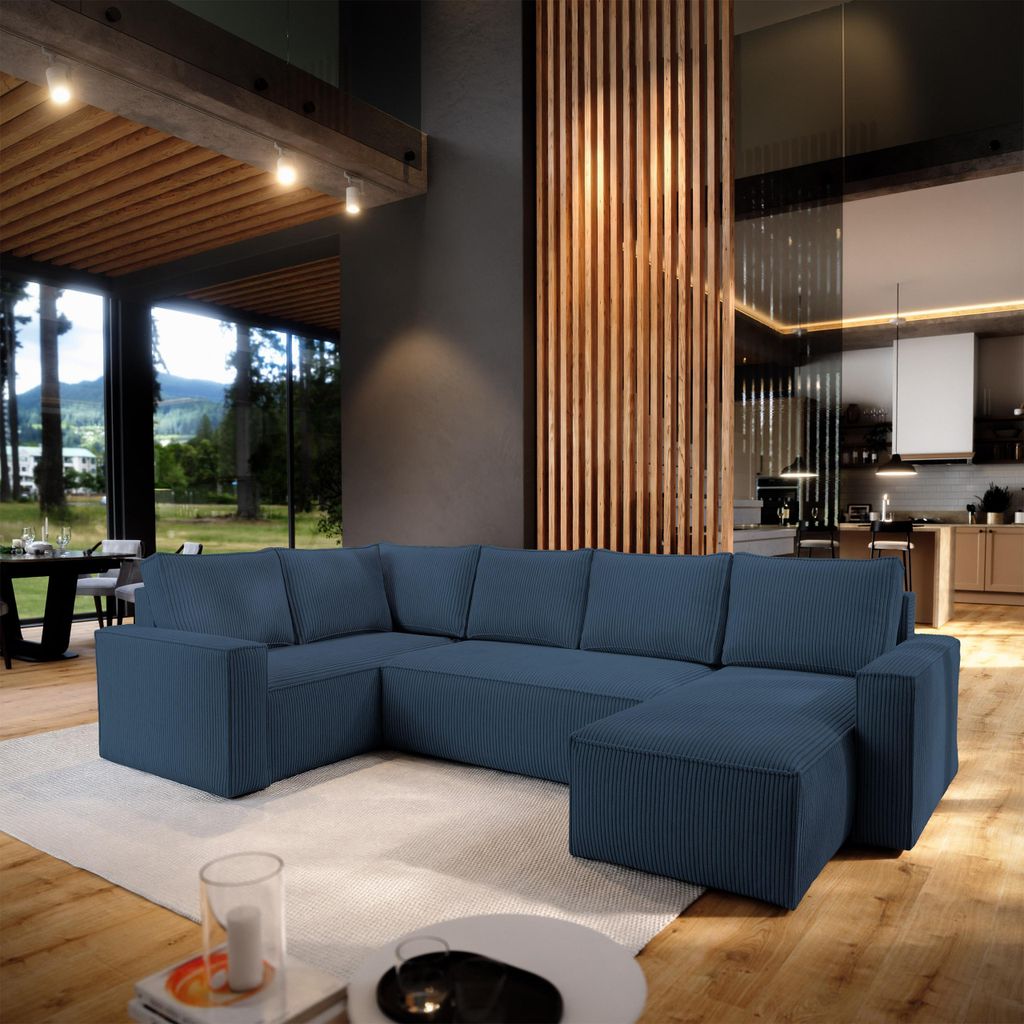 Masseno Ecksofa NORENA L-S mit Schlaffunktion U-Form, Sofa mit Bettkasten, Wohnzimmersofa, Couch, Soffa, Bettsofa, Couchgarnitur- Blau, POSO 05