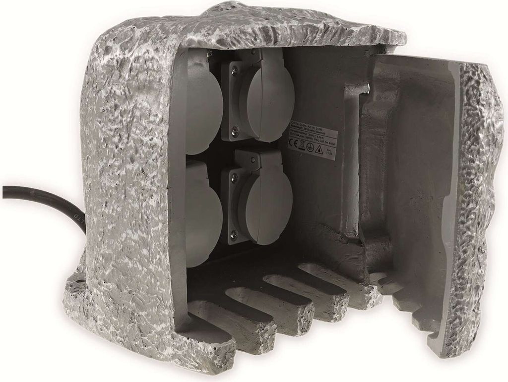 ChiliTec 21890 Gartensteckdose "Stone", 4-fach 250V/16A, IP44, inkl. 5m Zuleitung
