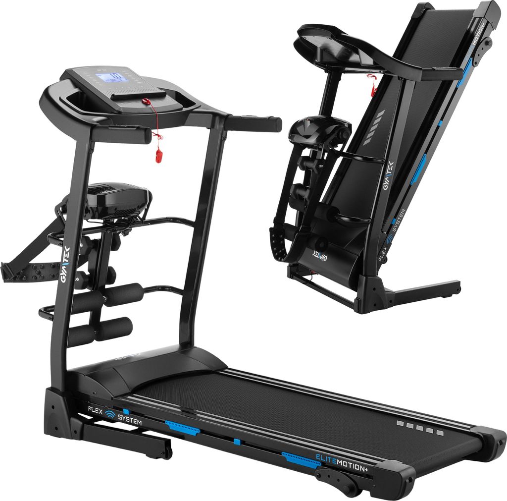 Gymtek Laufband für Zuhause, Walking Pad, Treadmill - bis 135 kg, 16 km/h - Klappbar, 12 Trainingsprogramme - inkl. Massagegürtel, 2 kg Hanteln