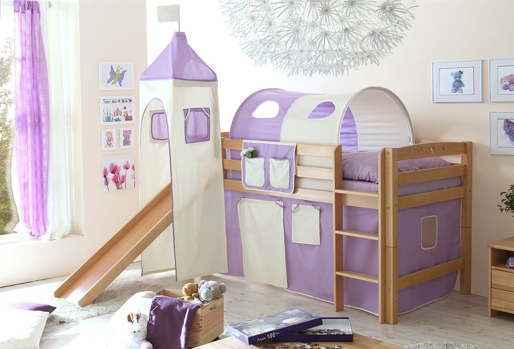 Rutschbett ROBI R XL Buche Natur inkl.Vorhang und Turm Lila/ Beige