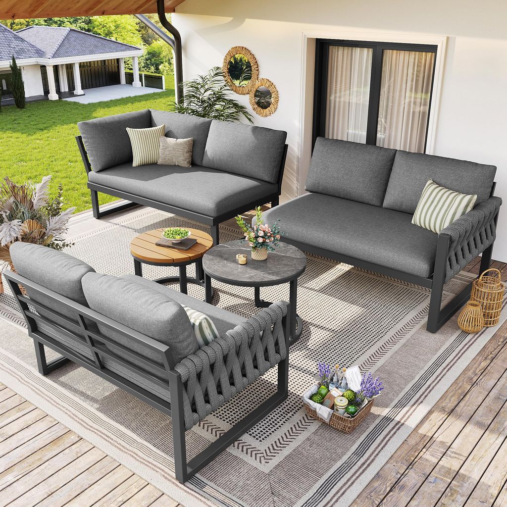 MODFU Gartenlounge Set Outdoor-Sitzgruppe mit Sitzkissen mit rutschfesten Fixierbändern,Gartenmöbelset mit verstellbaren Beinen und aller Sitz- u...