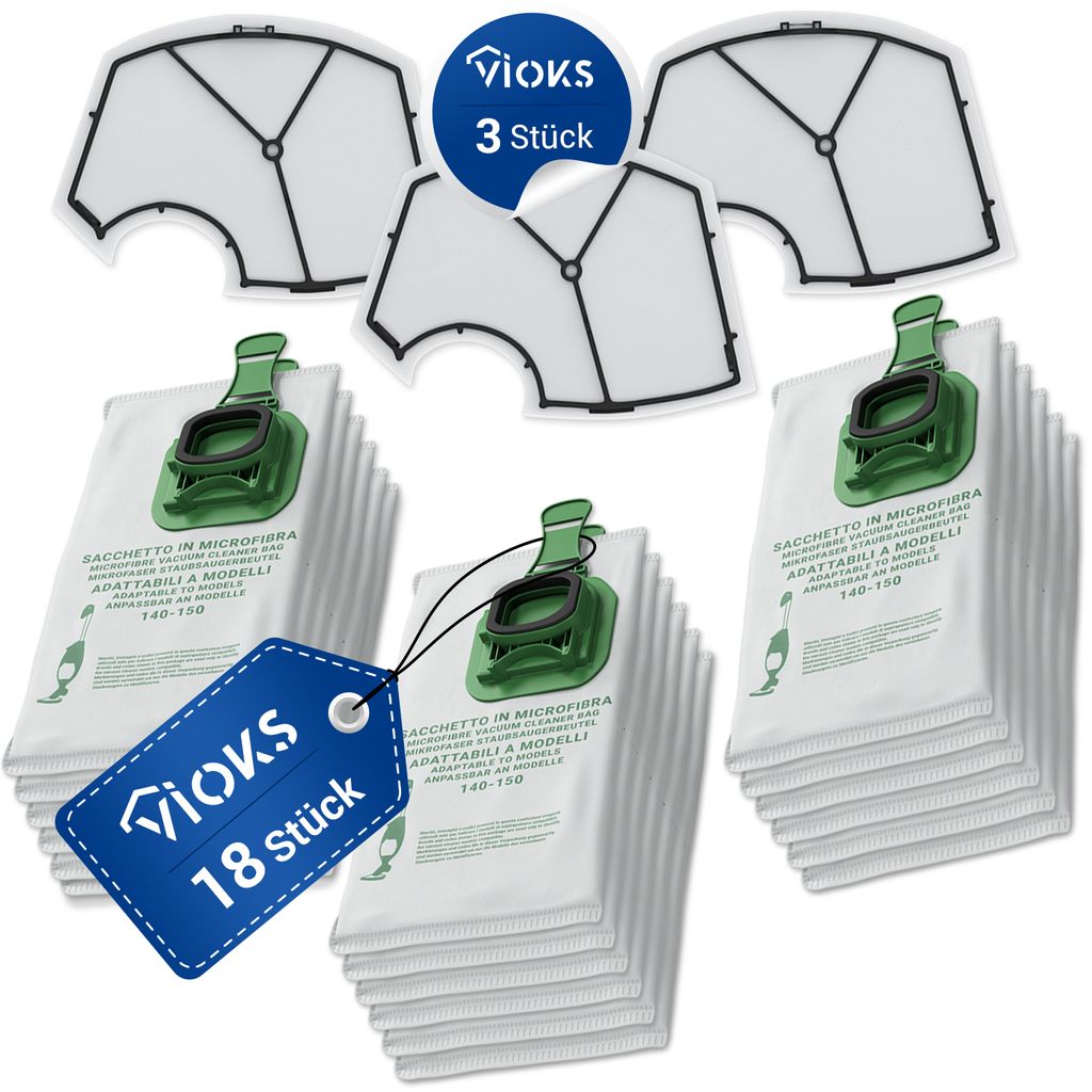 A product shot of vacuum cleaner bags and filters, with a blue tag indicating quantity.