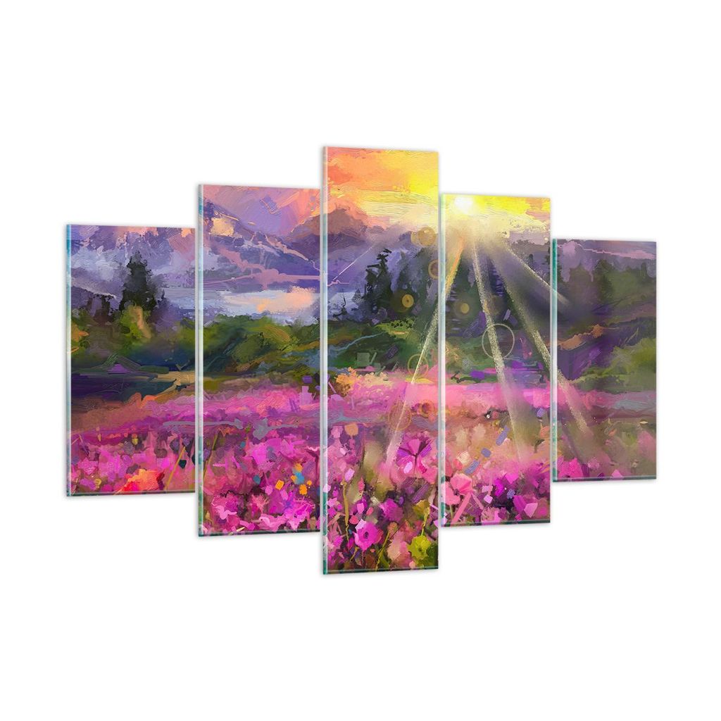 Bilder auf glas - Berge Blumen Blumen - 150x100cm - Glasbilder - Wandbilder - Kunstdruck - zum Aufhängen bereit - Wanddekoration aus Glas - Glas B...