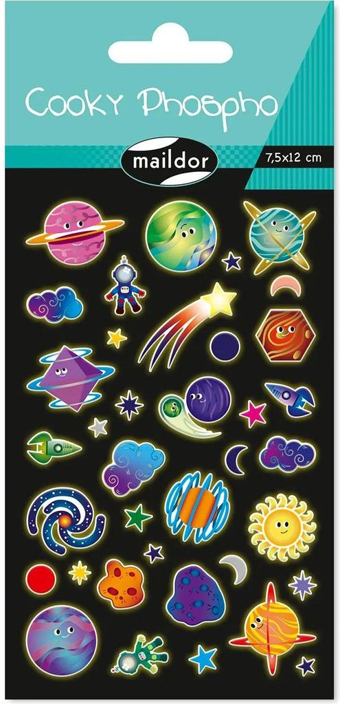Maildor 10x Cooky Phospho, 1 Stickerbogen 7,5x12cm, Planeten Mehrfarbig CY163C