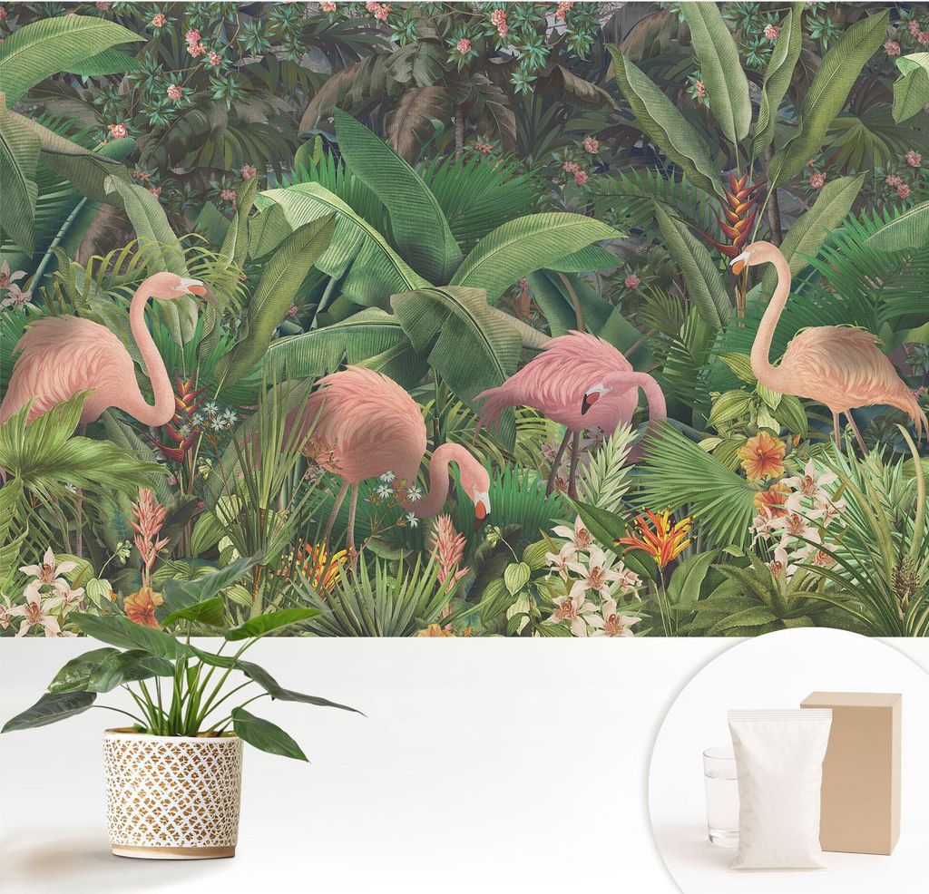 Fototapete - 152x104 cm - Tapete - Wandtapete - Wandbilder - Dekofolie - Tapete Folie - Wand - Dekoration - Wohnzimmer - Rosa Flamingos