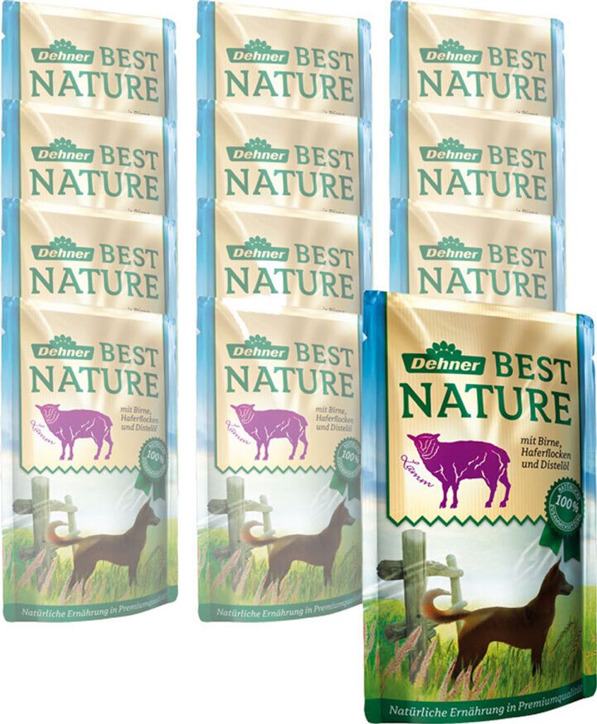 Dehner Best Nature Hundefutter, Nassfutter, für ausgewachsene Hunde, Lamm / Haferflocken, 12 x 150 g Beutel (1.8 kg)
