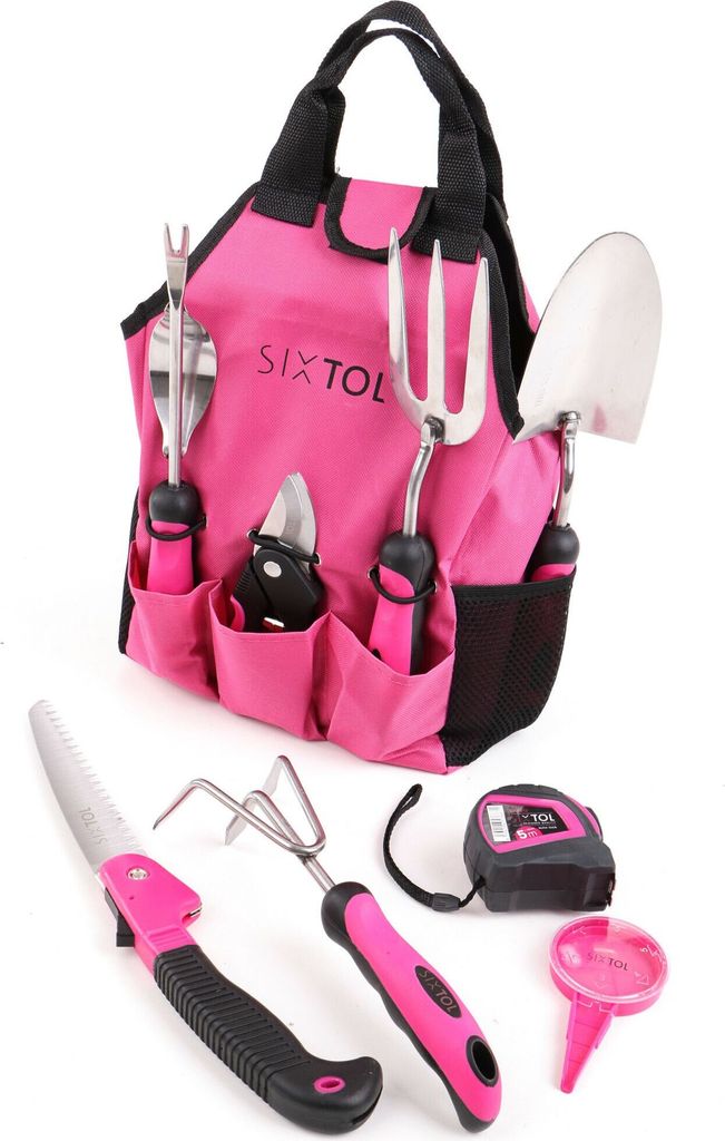 Garden PINK 12 – Set Attrezzi Da Giardino Con Grembiule Tasche, Sega Pieghevole, Seminatrice, Trapianto E Cazzuola, Acciaio Inox