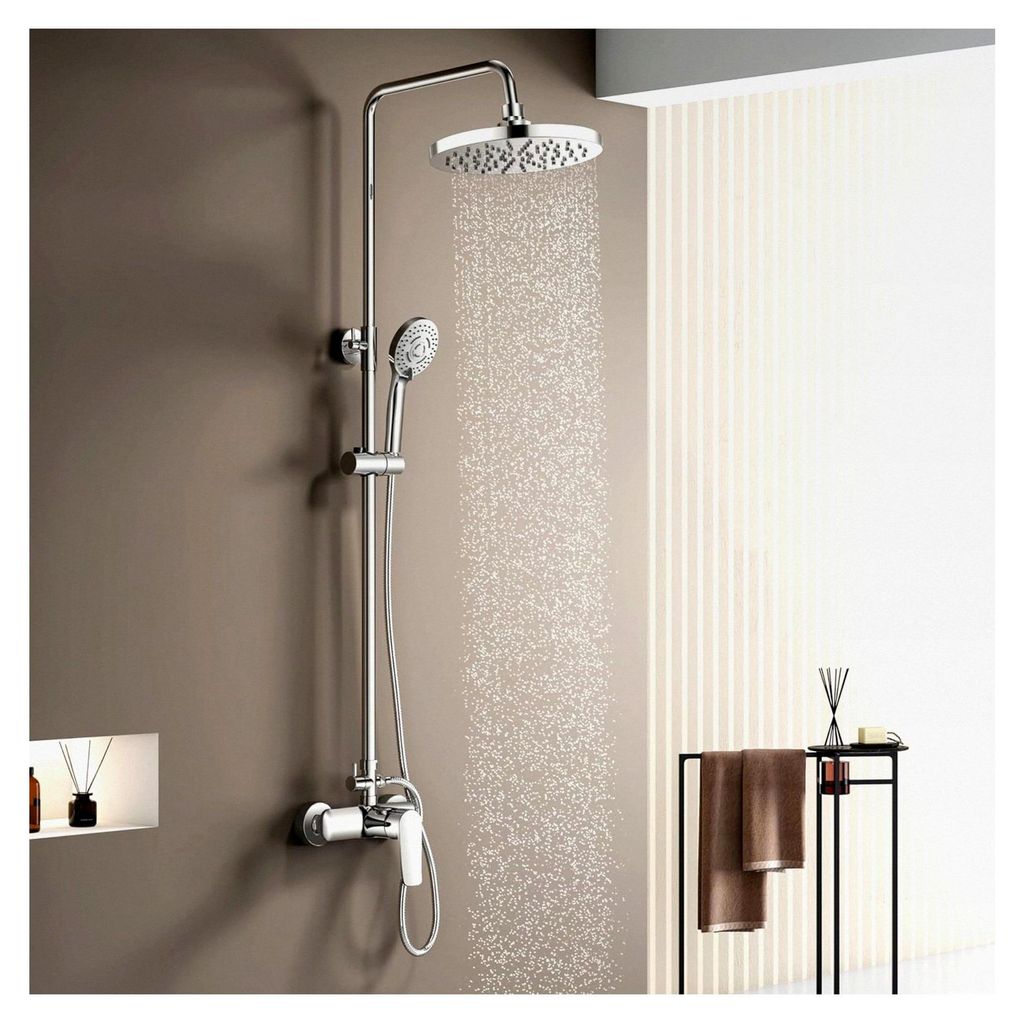 Duscharmatur Komplettset, Duschsystem mit Einhebelmischer, Duschset (Duscharmatur, Regendusche, Duschkopf mit 3 Strahlarten, Duschstange) Rund Chrom