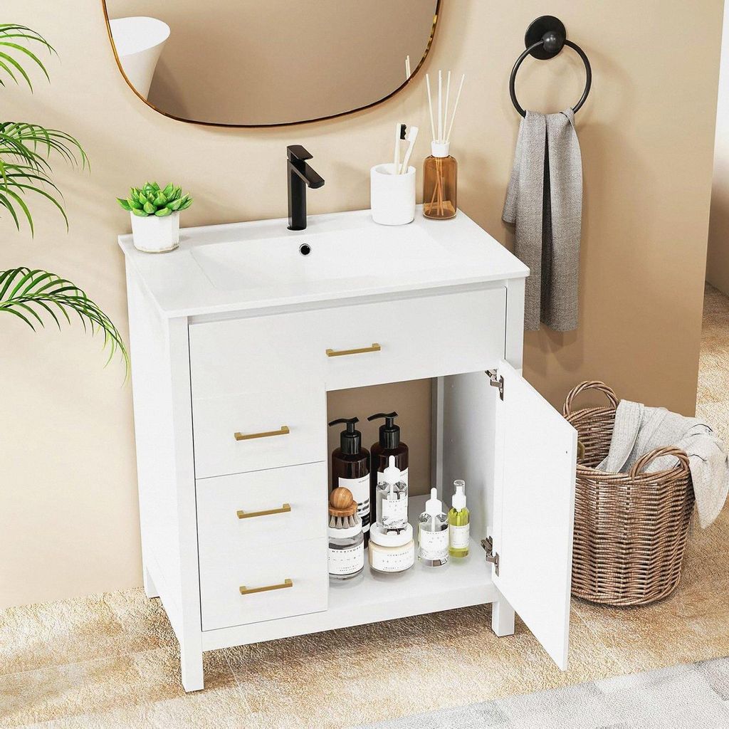 Waschbecken mit Unterschrank, Waschbeckenunterschrank mit 2 Schubladen und 2 Türen, Waschtischunterschrank Holz, 76 x 46,5 x 86 cm, Weiß