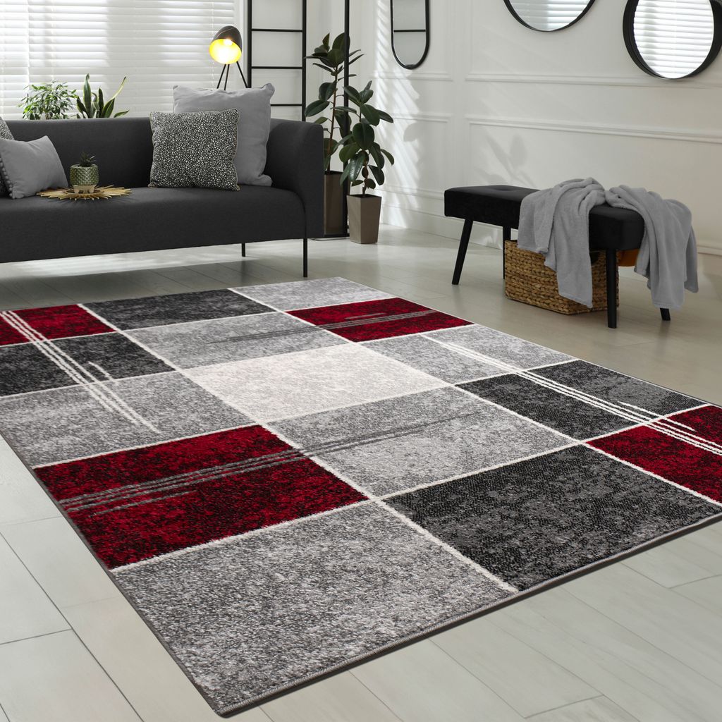 Designer Teppich Kariert Kurzflor Marmor Optik Meliert Modern Grau Schwarz Rot Grösse 60x100 cm