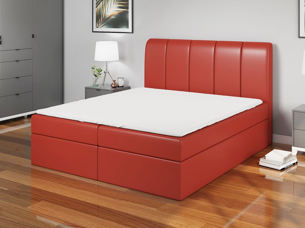 Boxspringbett DIN 120x200 mit 2 Bettkästen, Bonell-Matratze und Topper. Farbe: Rot