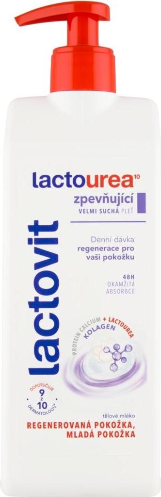 A white bottle of Lactovit LactoUrea body lotion with a red pump dispenser.