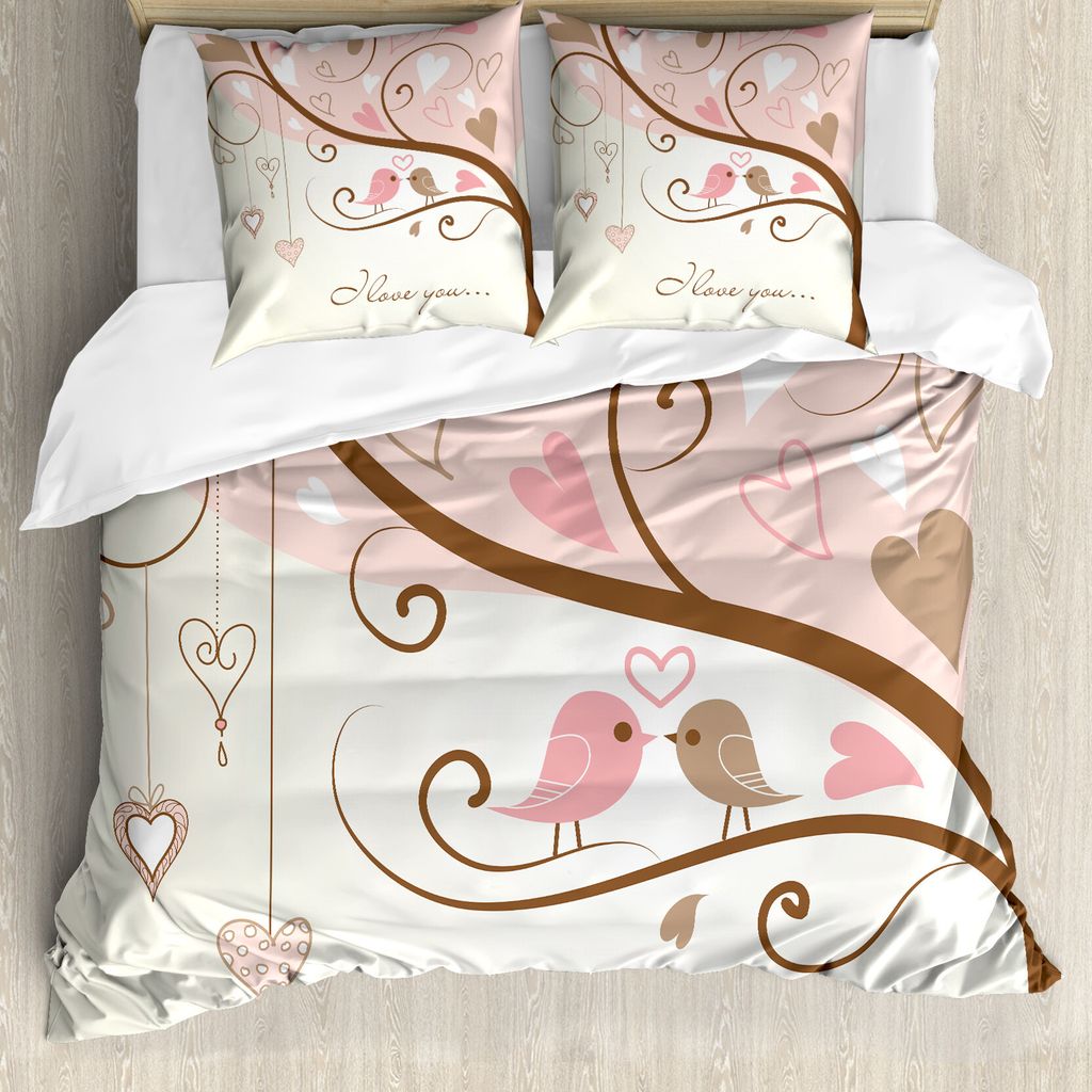 ABAKUHAUS Liebe Bettbezug, 2 Vögel Romantik Motiv, Milbensicher Allergiker geeignet mit Kissenbezügen, 155 cm x 220 cm - 80 x 80 cm, Blush Braun ...