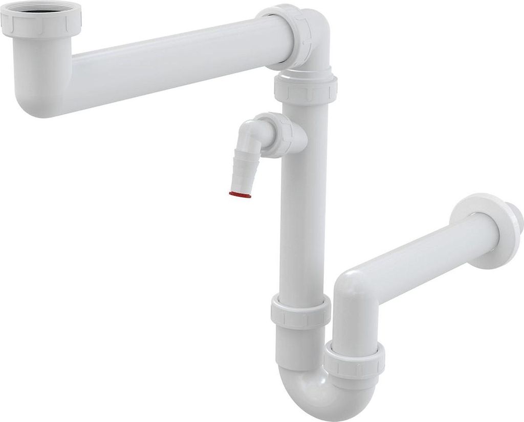 A white plastic sink trap with a side connection for an appliance.
