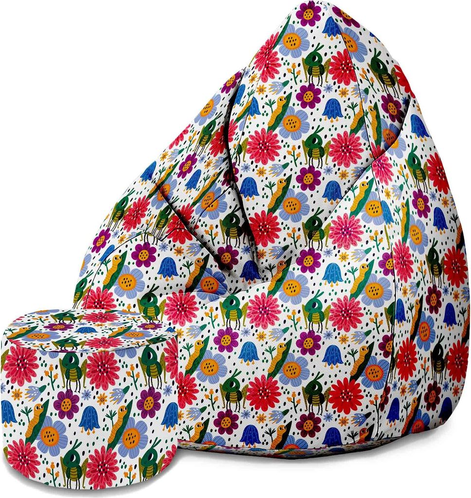 Dreamroots Bean Bag 80x80x120cm Sitzsack mit Lehne und Hocker und Bezug Sitzkissen Boden Chill Sack mit Füllung Sitzsack Cute Bugs