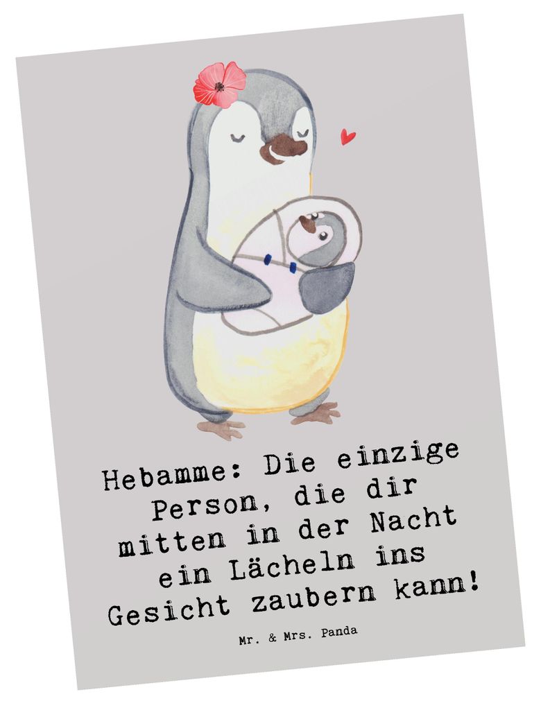 Mr. & Mrs. Panda Fotokarte Hebamme Lächeln - Grau Pastell - Geschenk, Postkarten, Hingabe, Ansichtskarten, Grußkarte, zugewandt, Kunstkarten, Ber...