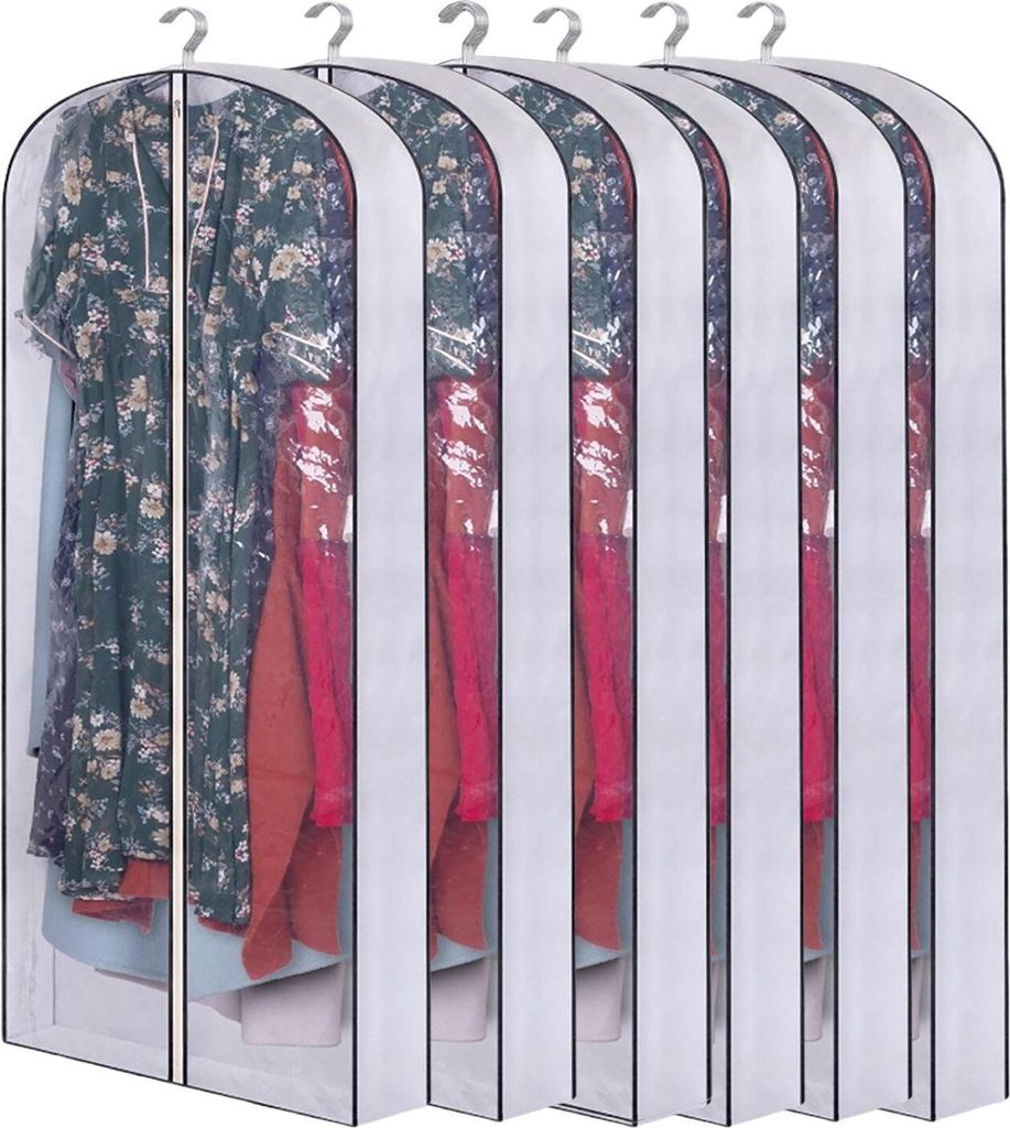 6 Stück Kleiderschutzhülle, Lange Kleiderhülle Transparent Hängender Kleidersäcke mit Reißverschluss, Farbe: Weiß, Größe: 60x153cm