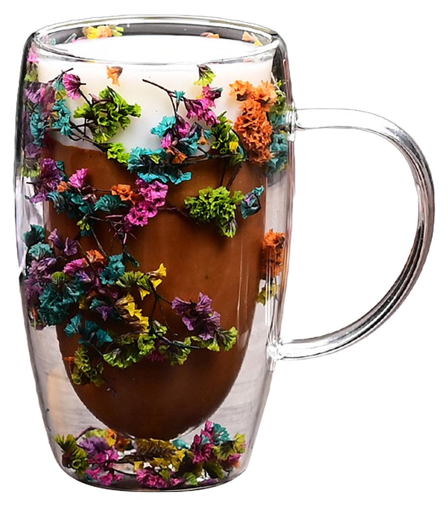 Doppelwandiger Glasbecher mit Blumenglitzer innen, 450 ml Fassungsvermögen, hitze- und kältebeständig, transparent, kreative Frühstücks-Kaffee...