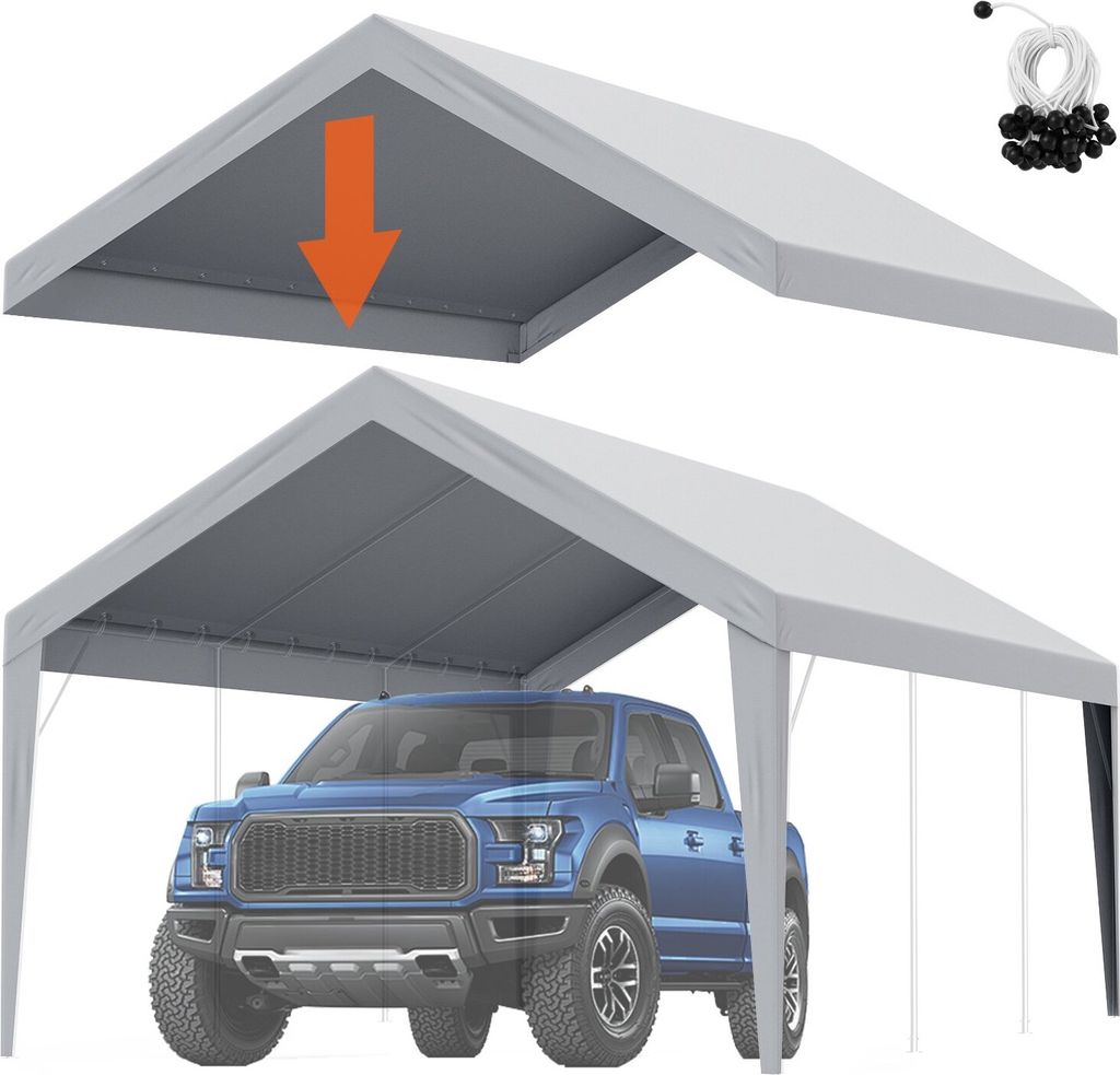 Garagenzelt, 3,6 x 6 m, Garagendachzelt, Unterstandplane, wasserdicht und UV-geschützt, einfache Installation mit Spanngurten, grau (nur Dachabdec...