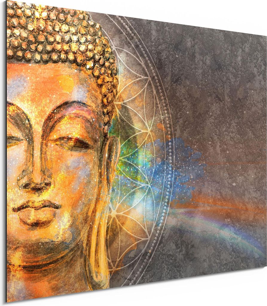 DEQORI Alu-Dibond Bild Weiß 80x60 cm 'Meditierender Buddha' Wandbild Metall dünn Design
