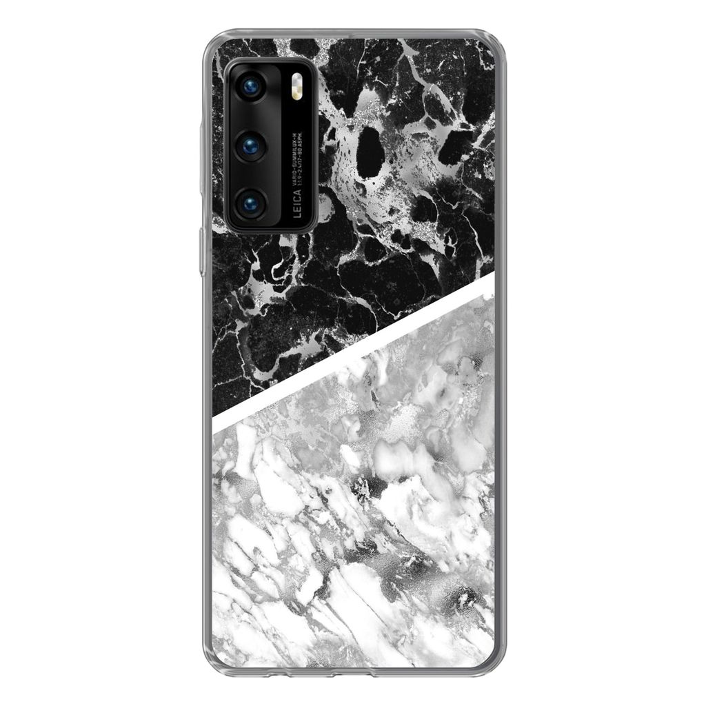 MuchoWow Handyhülle Schutzhülle Hülle für Huawei P40 Marmor - Schwarz - Weiß - Luxus Silikon Softcase Handy Hülle - Handytasche