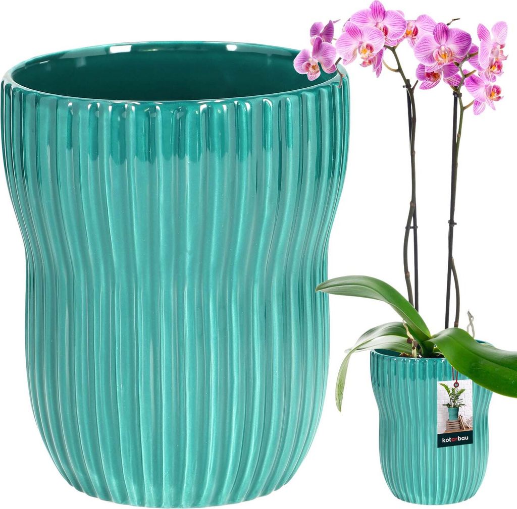 A turquoise ceramic planter with a ribbed texture is shown next to a small orchid plant in a similar planter.