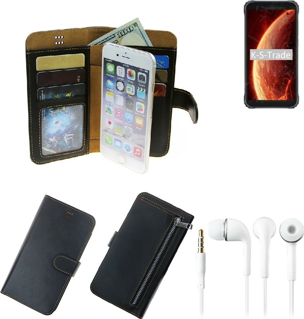 TOP SET Portemonnaie Schutz Hülle kompatibel mit Blackview BV4900 schwarz aus Kunstleder + Kopfhörer Walletcase Smartphone Tasche vollwertige