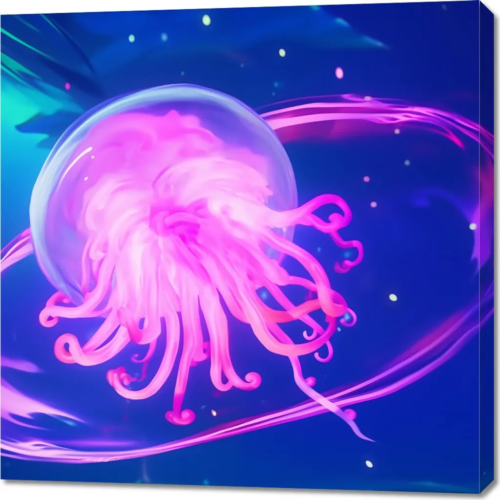 Tableau Méduse néon 90x90 cm - Décoration Murale Carrée Style Fluorescent