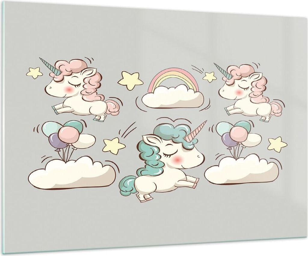 Bilder auf glas - Wolke Tapete Einhorn Ballon - 100x70cm - Glasbilder - Wandbilder - Kunstdruck - zum Aufhängen bereit - Wanddekoration aus Glas -...