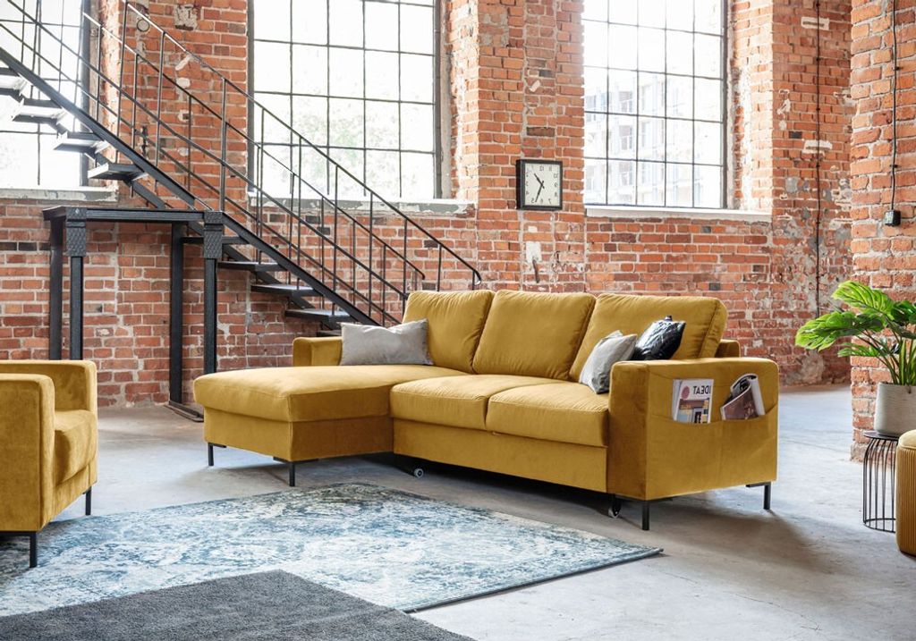 MIUFORM Lofty Lilly - Ecksofa mit Bettfunktion und Bettkasten L-FORM LINKS - 236x148cm - Velours Senfgelb - Sofa Schlafsofa Couch