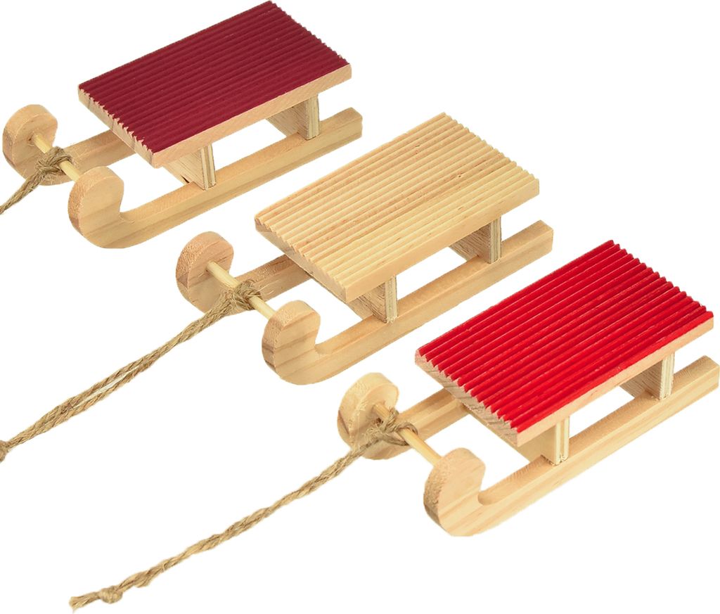 Holzschlitten Miniatur Rot-Natur 4x8,5 cm 6er Set - Weihnachtsdeko Tischdeko Geschenkanhänger Adventskranz, 6 Stück