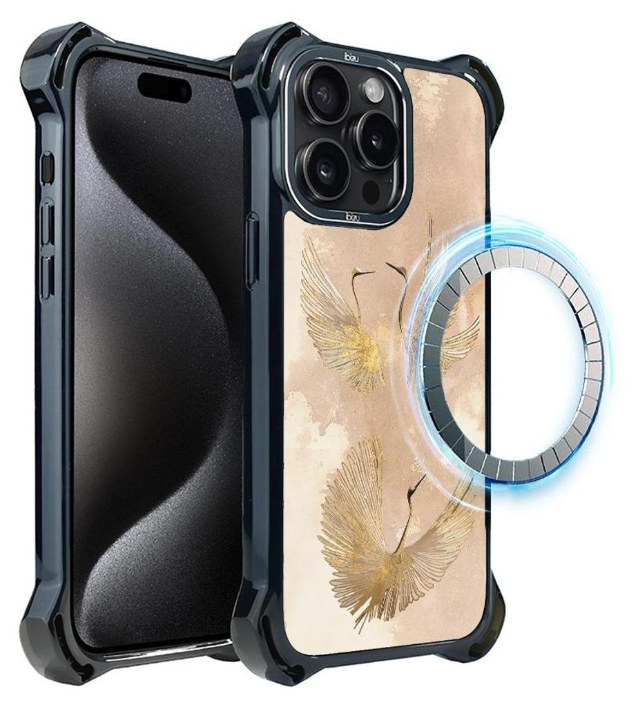 Schutzhülle für das iPhone 15 Pro, MagSafe-kompatibel, verstärkte Ecken, schwarz, goldene Vögel, Kraniche