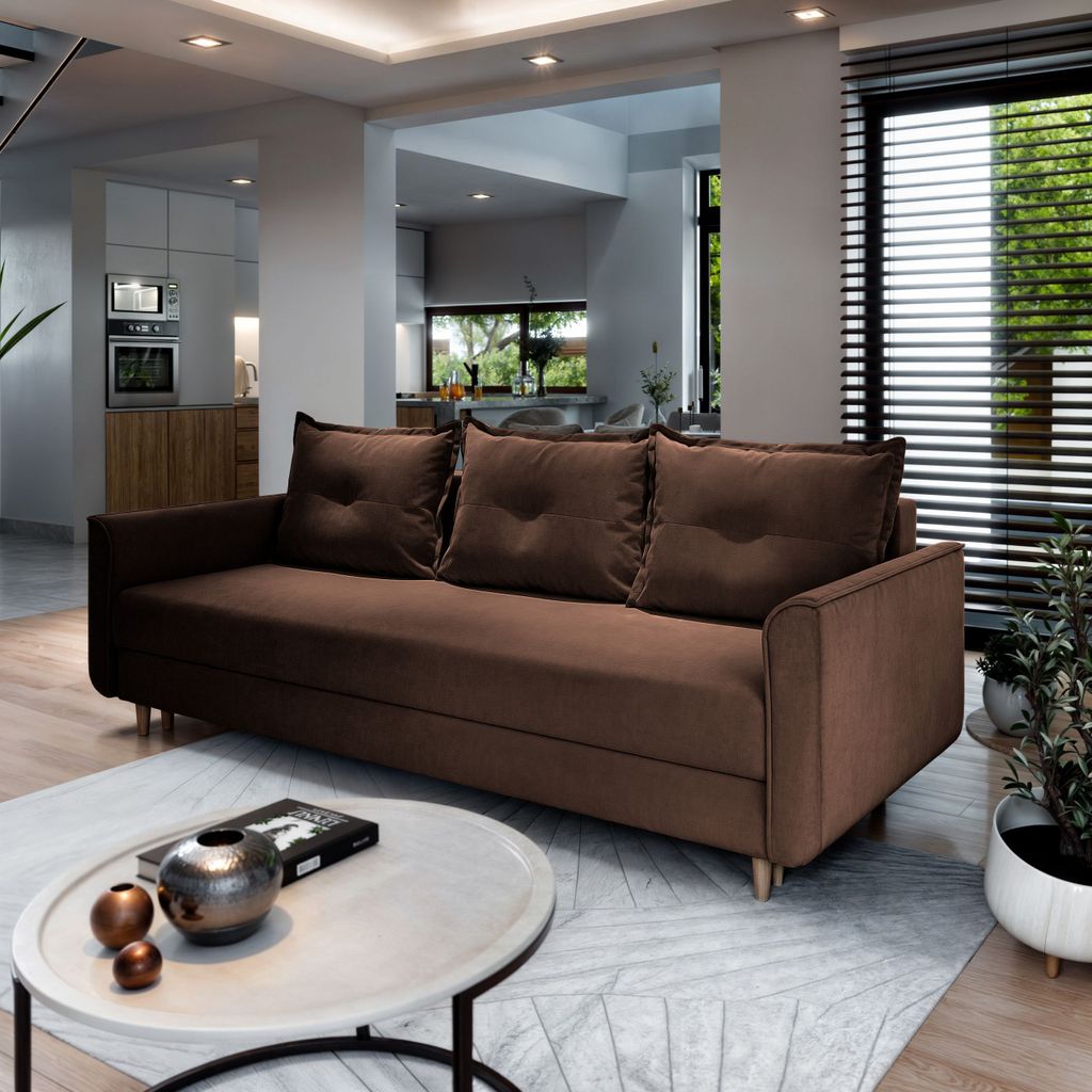 Sofa NAPOL Braun Plüsch-Stoff mit Schlaffunktion, Sofa mit Bettkasten, Sofa mit Bettkasten, Wohnzimmersofa, Couch, Soffa, Bettsofa, Couchgarnitur-...
