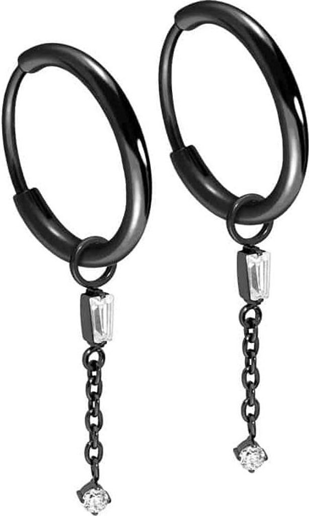 Titan Ohrclicker Creolen 2 KRISTALLE + KETTE Schwarz Innendurchmesser: 12mm + Designstärke: 1,6mm
