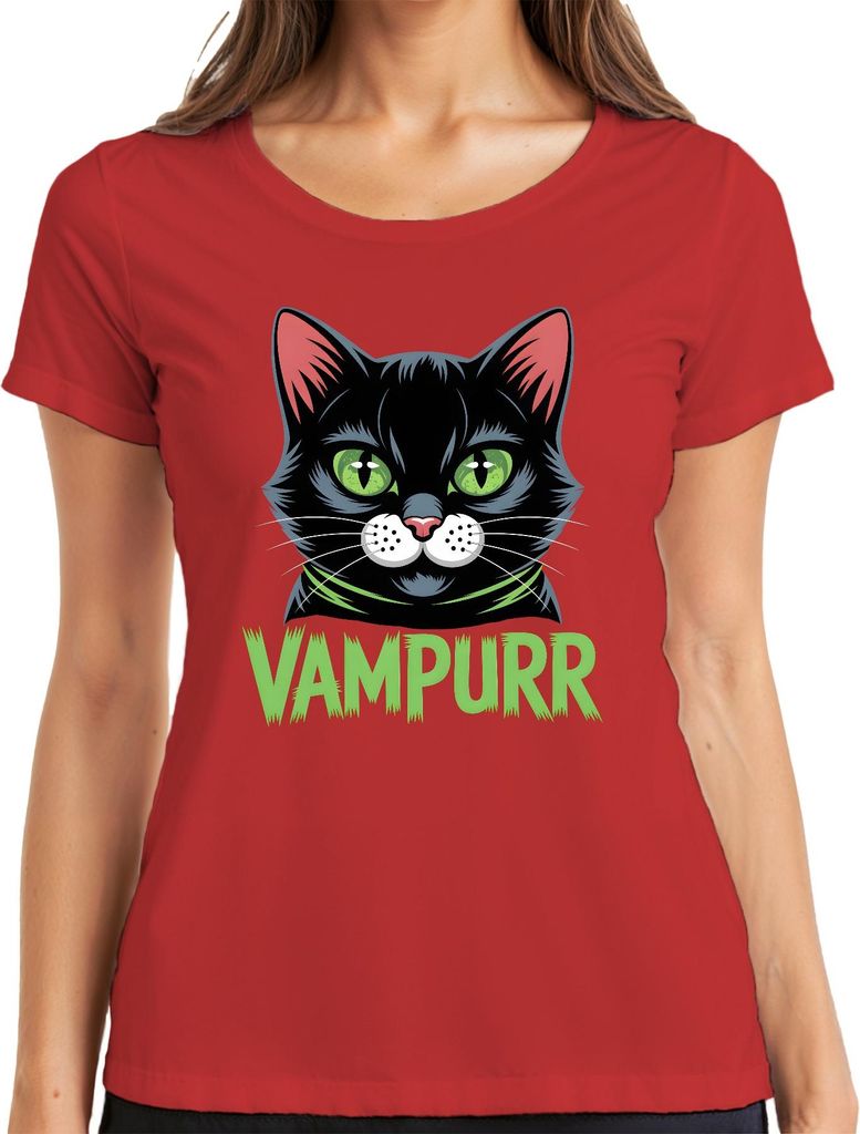 VAMPURR Halloween Katze schwarze Katze Vampir grüne Augen Nacht Damen T-Shirt, Rot, S
