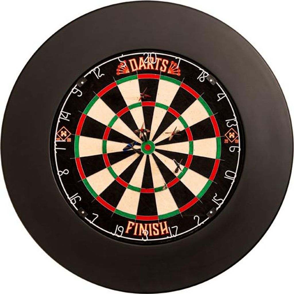 A dartboard with darts in it, surrounded by a black frame.