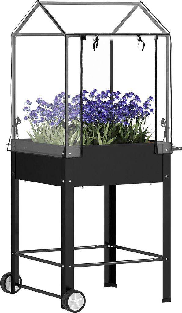 Outsunny Hochbeet mit Kunststoffabdeckung, erhöhter Pflanzkasten mit Rollen und Abflussloch, Mini-Gewächshaus für Gemüse, Blumen und Kräuter, ...