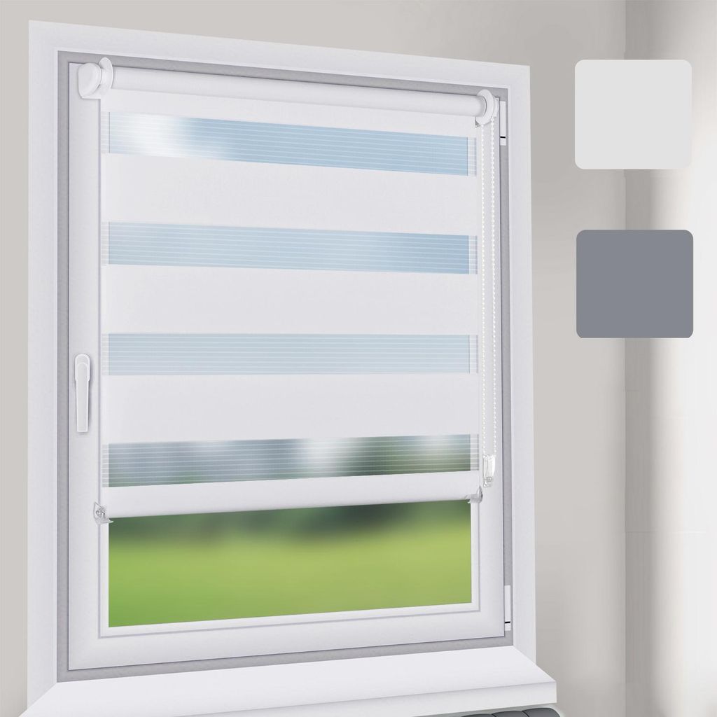 A window with a white roller blind with horizontal stripes of white and light blue.