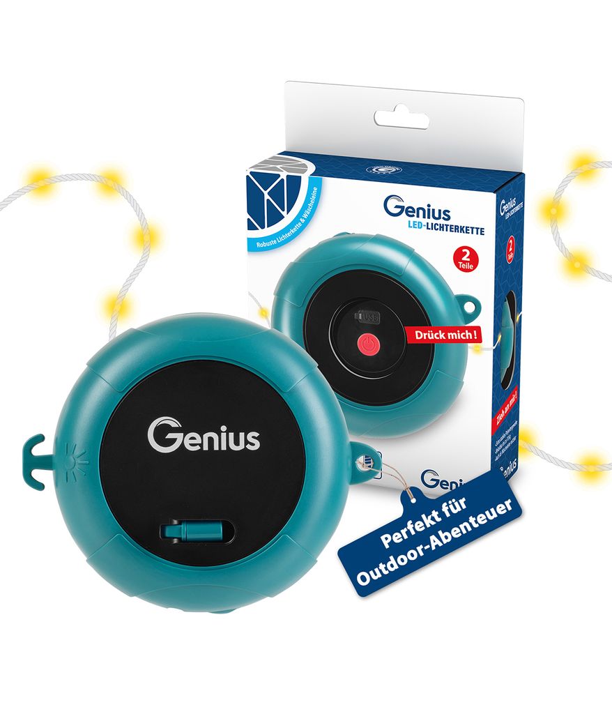 Genius Camping LED Lichterkette Akku aufrollbar 2.tlg, 4 Lichtmodi, 9 M lang, wiederaufladbare Bleuchtung für Party Ausflug Balkon