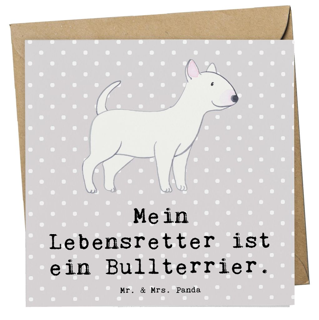 Mr. & Mrs. Panda Grußkarte Bullterrier Lebensretter - Grau Pastell - Geschenk, Glückwunschkarte, doppelkarte, Welpe, Klappkarte, anlasskarte, fal...