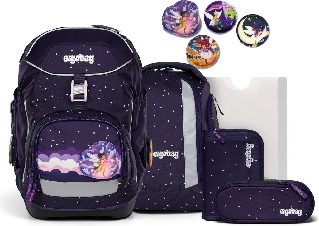 A set of school supplies including a backpack, pencil case, and other accessories, all with a dark purple, starry design and fairy motifs.