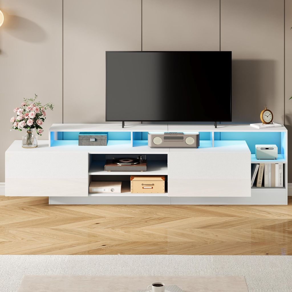 Merax TV-Schrank mit LED und Klapptüren, moderner TV-Ständer mit offener Stauraum, TV-Lowboard für Fernseher bis 70 Zoll, Holzoptik + Weiß