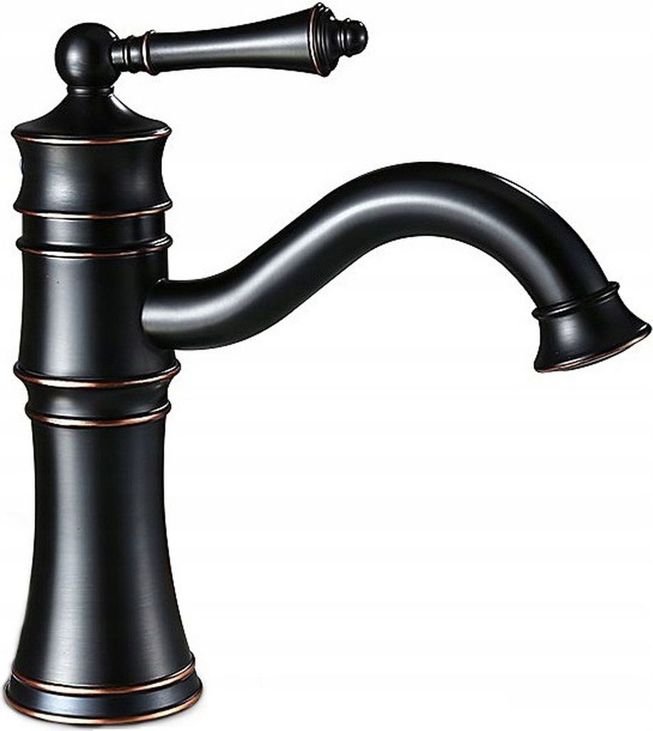 A black and bronze faucet on a white background.