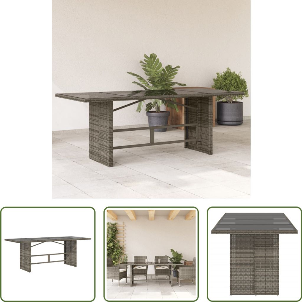 The Living Store Gartentisch mit Glasplatte Grau 190x80x74 cm Poly Rattan
