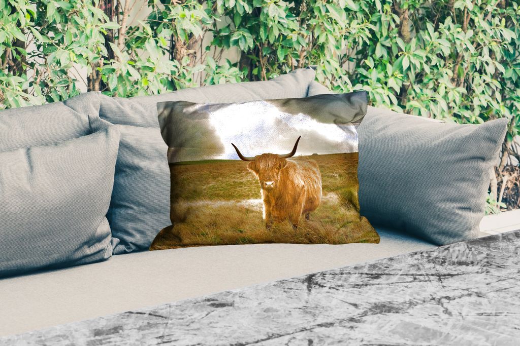 MuchoWow Outdoor Kissen - Schottisches Hochlandrind - Sonne - Gras - 50x30 cm - Wetterfest - Lounge Kissen - Sofa kissen - Wohnzimmer Dekoration